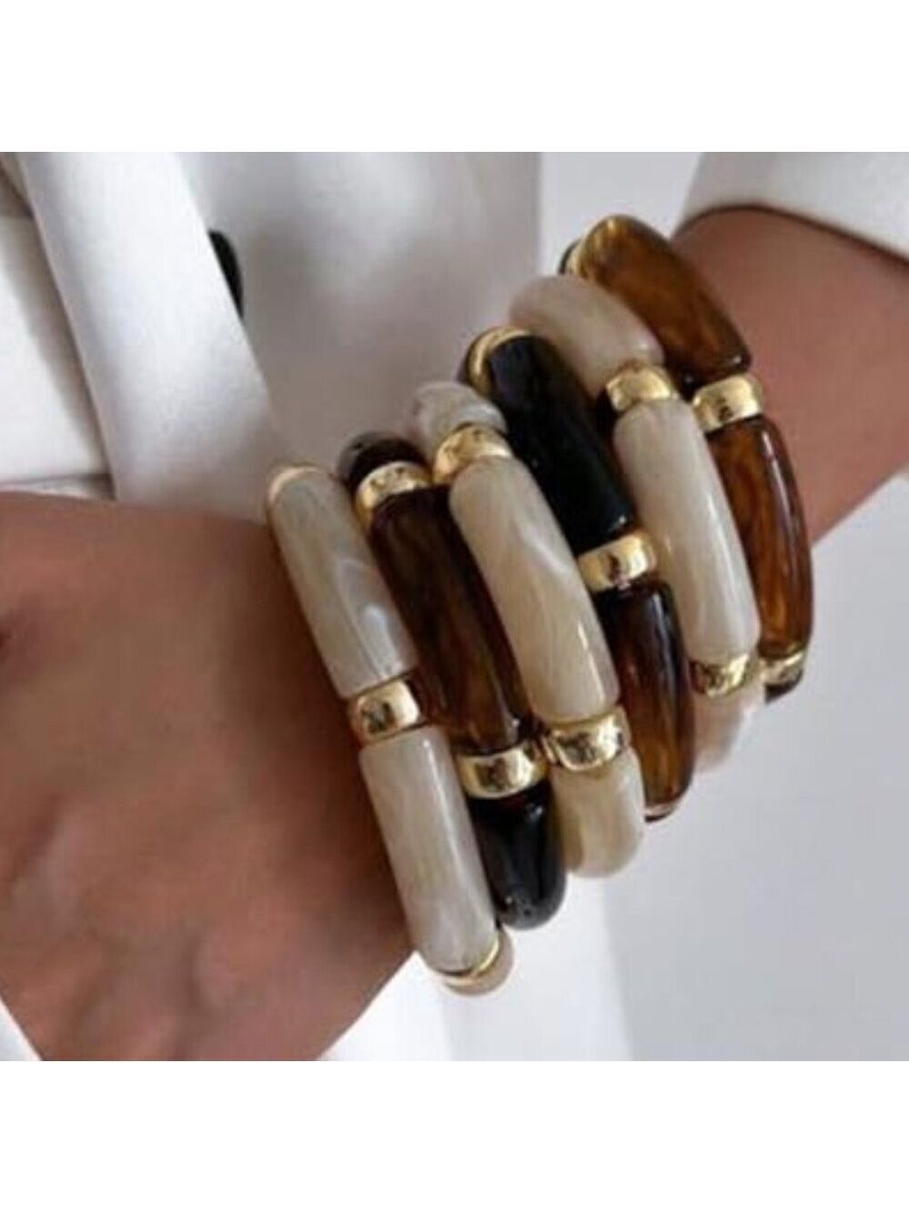 6pcs Chunky Acrylic Bangle Bracelets Resin Bamboo Brown and Pearl White Tone - Picture 10 of 10